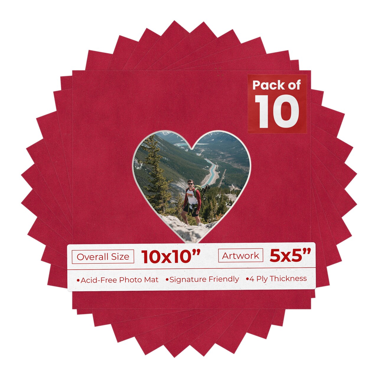 Red Suede Mat Board for 10x10 Frames - Heart Opening for 5x5 Photos